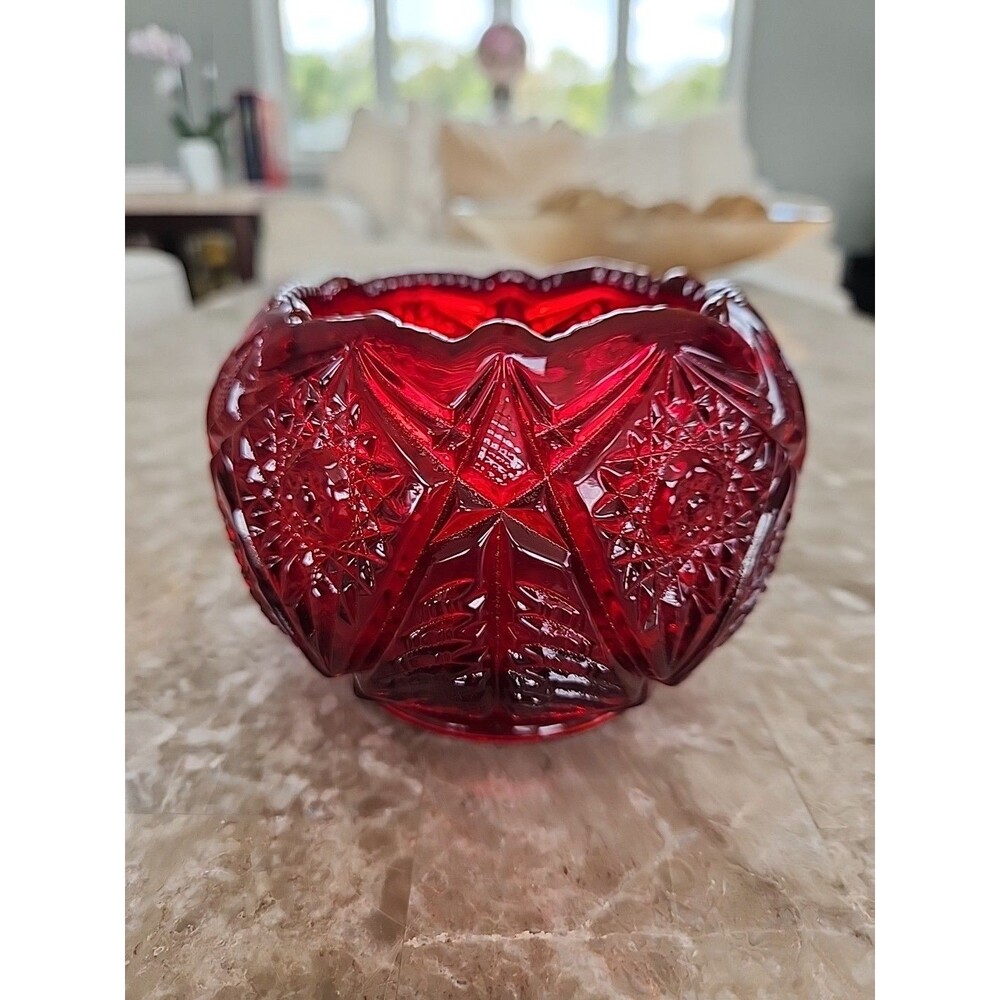 Vintage Fenton Pressed Glass Regency Star Ruby Red Rose Bowl